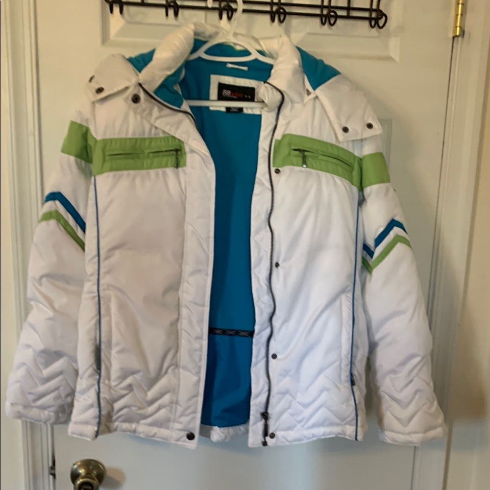 Stylish White Jacket with Green and Blue Details